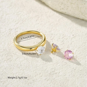 Goldenes DIY-Ring-Set mit drei austauschbaren Zirkonsteinen und Größenangaben