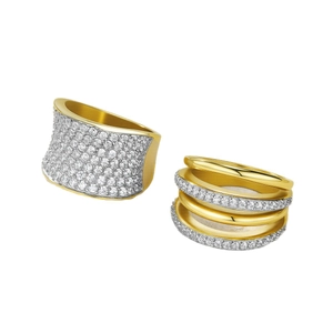 Luxury gold plated curved rings with layered rows of sparkling pavé set diamonds