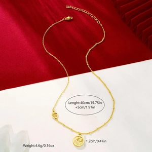 Vintage 24K vergulde titanium stalen ketting met Fu-karakter en schelphanger voor dames