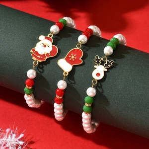 Christmas Santa Claus Reindeer Glove Pendants Stainless Steel Faux Artificial Pearl Beaded Bracelet Festive Jewelry Holiday Gift Women