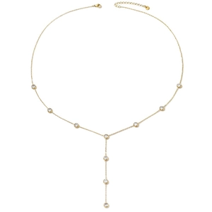 Elegant gold Y-shaped necklace with sparkling round cubic zirconia stones on white background