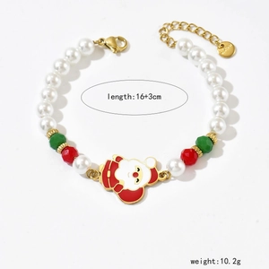 Christmas pearl bracelet with Santa Claus charm, red and green beads, 16+3cm length