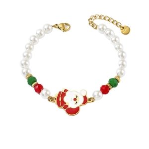 Christmas pearl bracelet with Santa Claus charm and red green beads in stainless steel