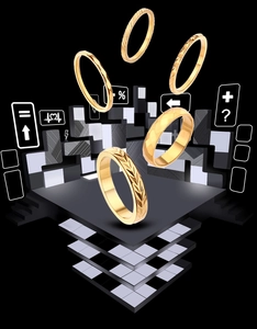 Detail van vijf vergulde titanium stalen ringen met diverse gegraveerde texturen