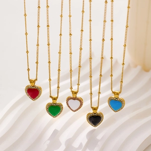 Colorful titanium steel heart necklaces with crystals on satellite chains for women