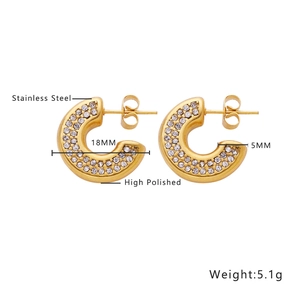 Macro detail of 18k gold plated 18mm C-shape earrings with zircon inlay specifications