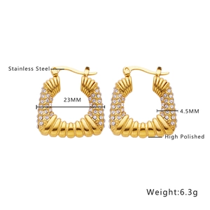 Retro 18k gold plated stainless steel trapezoid hoop earrings with inlaid zircon stones