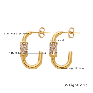 Macro detail of 18k gold plated J-hoop earrings featuring dimensions and zircon inlay