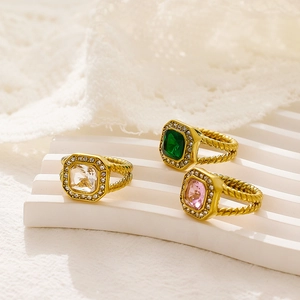 Anillo Cuadrado de Acero Inoxidable Chapado en Oro Vintage Con Zirconia Cúbica para Mujer Estilo Francés Cable Trenzado Joyería de Dedo
