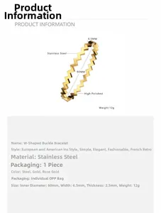 Infografía detallada del brazalete de acero inoxidable dorado en forma de W con dimensiones