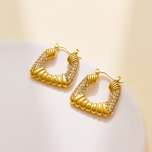 Chic 18k gold plated trapezoid hoop earrings with ribbed texture and micro-pave crystals