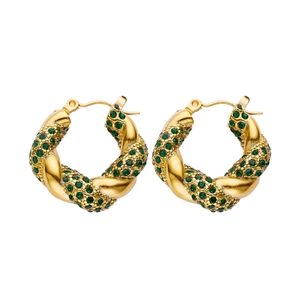 Golden twist hoop earrings with emerald green crystals in vintage minimalist style