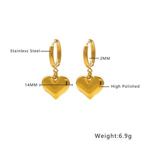Macro detail of 14mm gold heart earrings with polished finish and dimensions