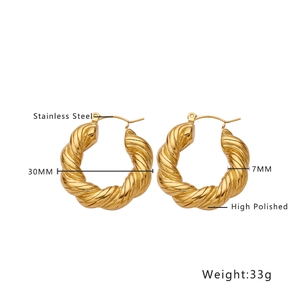 Créoles en acier inoxydable doré poli avec motif corde torsadée 30mm pour femme