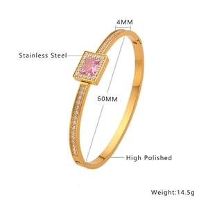 Detail of pink zircon stainless steel bracelet showing 4mm width and 60mm diameter measurements