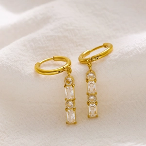 Elegant 18k gold plated stainless steel hoop earrings with rectangle and round zircon stones
