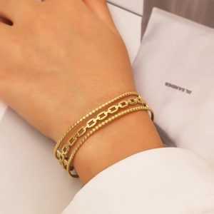 Bracelet manchette doré rétro multicouche avec maillons irréguliers en acier inoxydable