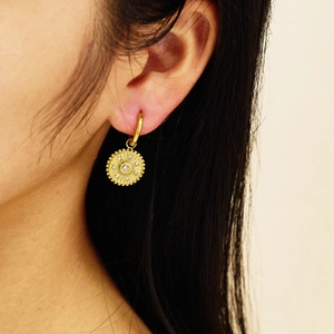 Vintage 18k gold plated stainless steel coin earrings with zircon starburst engraving