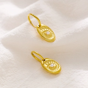 French Vintage Titanium Steel Heart Hamsa Hand Sun Hoop Earrings For Women Rhinestone Artificial Pearl Dangle Earrings Jewelry