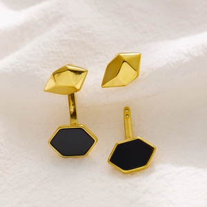 French vintage 18k gold plated stainless steel ear jacket with black hexagon drop