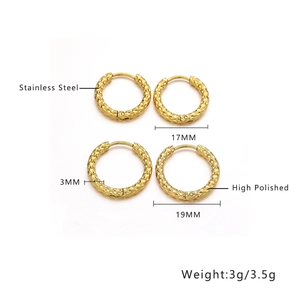 Detail view of 17mm and 19mm gold stainless steel hoop earrings with hammered texture