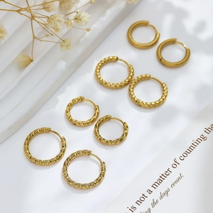Vintage French Gold Stainless Steel Hoop Earrings Hammered Textured Geometric Round Circle Hoop Earrings For Women Fashion Jewelry