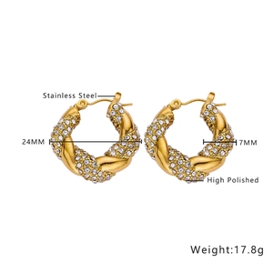 Polished 18k gold plated stainless steel twisted hoop earrings with cubic zirconia