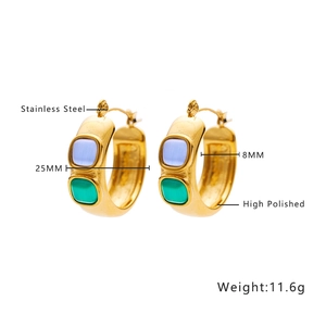 Detail view of 25mm high polished stainless steel hoop earrings with green and blue stones