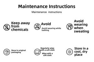 Guide for jewelry care: avoid chemicals, water, and sweat, store in dry place and wipe clean