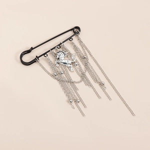 Fashion horse unicorn brooch with long silver tassels and black safety pin design