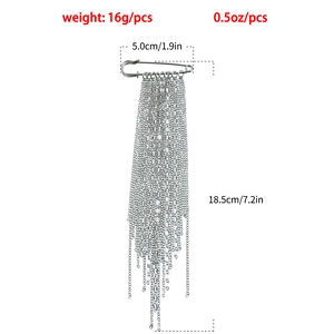 Detailed view of silver tassel brooch showing 5.0cm width and 18.5cm length dimensions