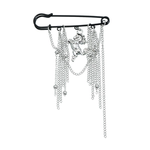 Punk style horse brooch with silver tassels and black safety pin on white background