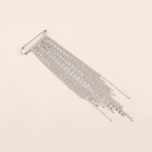 Silver tassel safety pin brooch with multi-layered metal chains for coat decoration