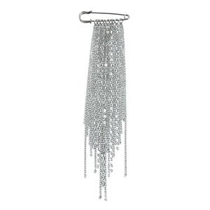 Silver multi-tassel safety pin brooch with long metal chain fringe for fashion accessories