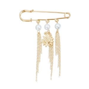 Vintage gold sunflower smiley safety pin brooch with hanging pearls and long tassel chains
