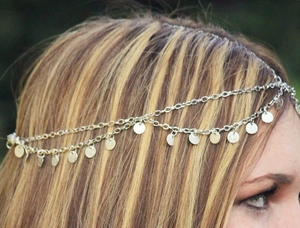 Detail showing silver layered chain headpiece with sparkling round sequin fringe