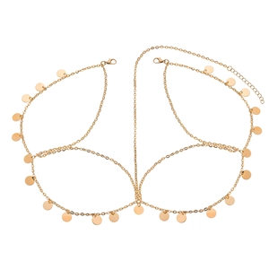 Detail of gold sequin wave tassel body chain with lobster clasps on white background