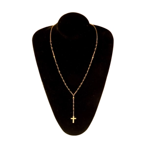 Elegant gold Y-shaped necklace with black beads and a minimalist cross pendant