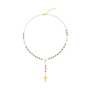 Rosary Style Y-Shape Cross Pendant Necklace For Women Long Tassel Black Plastic Beads Alloy Gold Silver Religious Jewelry