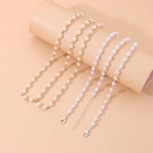 Elegant 4-piece pearl bracelet set with gold and silver adjustable chain link jewelry