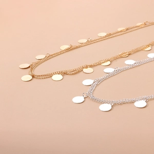 Minimalist double layered sequin tassel chain necklace in gold and silver plating