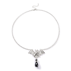 Gothic zilveren vleermuis hanger ketting met zwarte facet geslepen druppel kraal