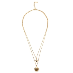 Double layered gold seashell necklace featuring starfish and scallop shell pendants