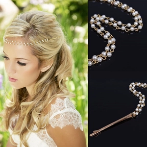 European Minimalist Faux Artificial Pearl Chain Alloy Hair Clips Gold Silver Plated Hair Jewelry For Women Wedding Banquet Party