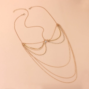 Elegant multilayer gold body chain featuring sparkling rhinestones and crystal center piece