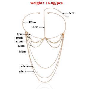 Detailed size chart for layered gold rhinestone body chain jewelry weighing 14g