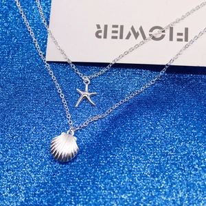 Detailed view of silver layered necklace with starfish and textured shell pendants