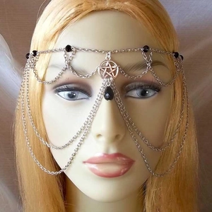 Bohemian multi-layer silver alloy head chain with pentagram pendant and black beads