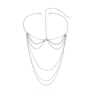 Silver multi-layer body chain with rhinestones, lobster clasp and extension chain
