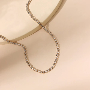 Elegant gold double layer tennis necklace with round cut white rhinestones for women